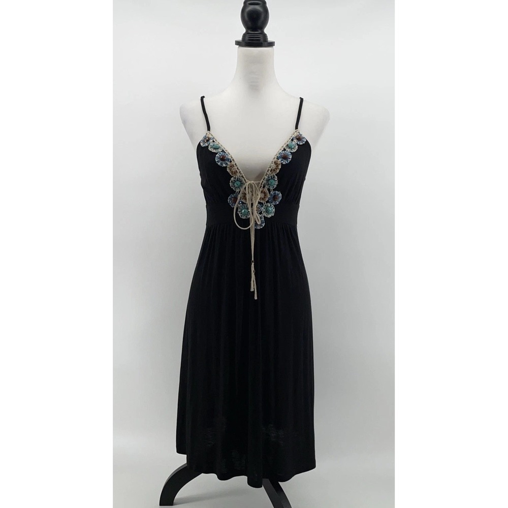 Soul‎ Revival Dress Women's Medium Black Strappy Turquoise Beaded Crochet Boho